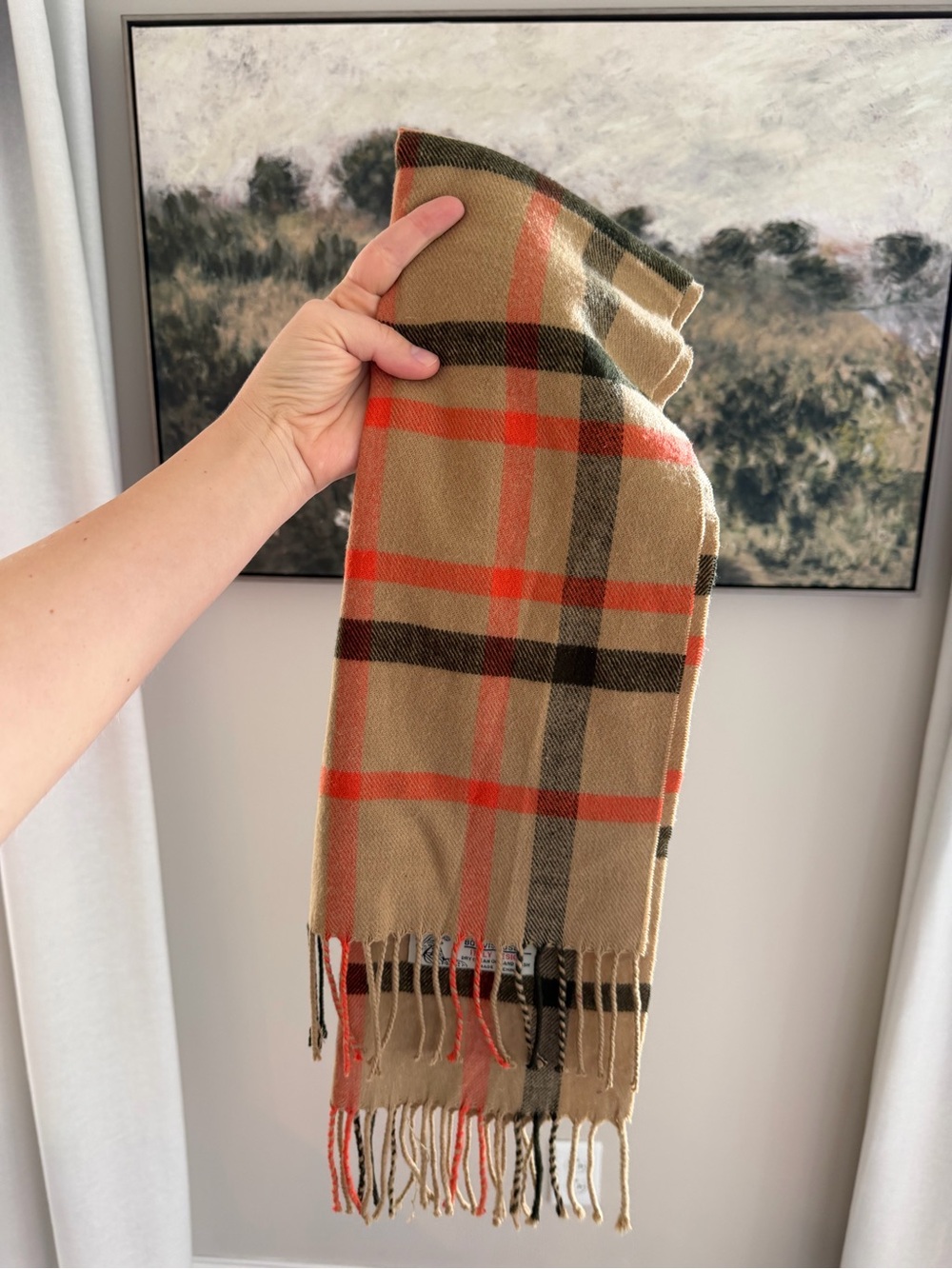 Vintage Plaid Fringe Cashmere Scarf in Tan with Orange and Black Stripes
